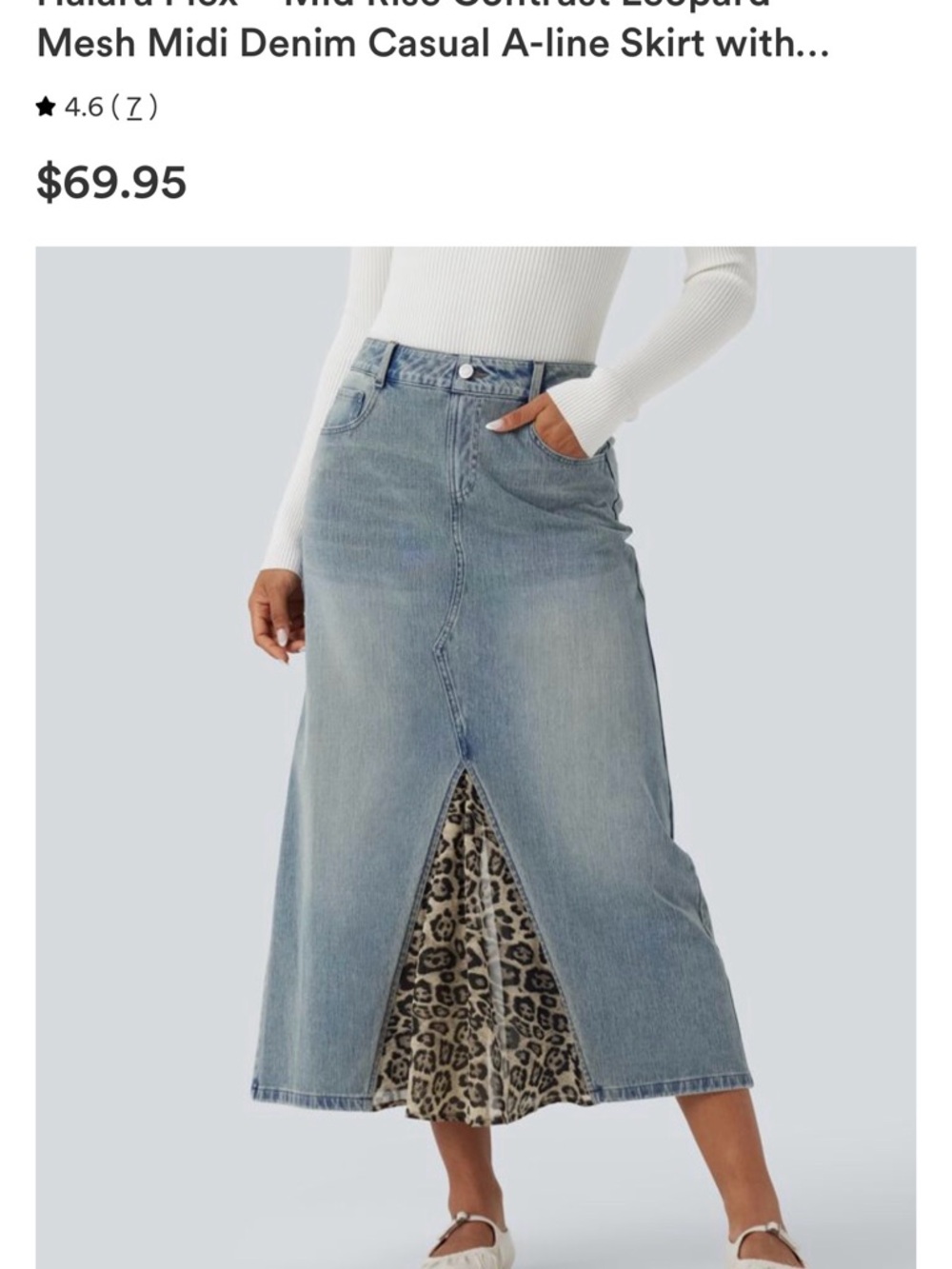 HALARA Blue Denim Midi Skirt with Leopard Contrast Panel